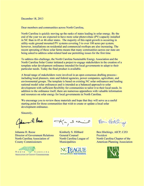 Letter accompanying Template Solar Ordinance